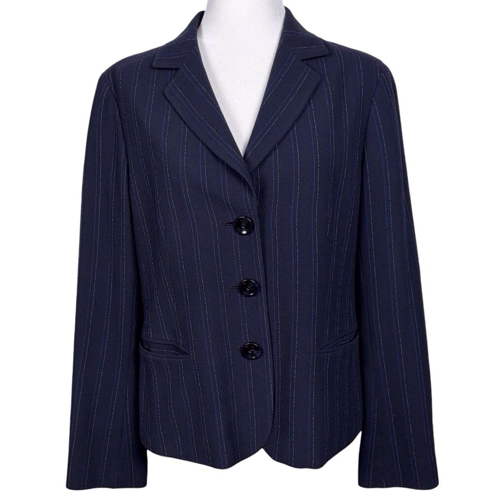 Lafayette 148 Virgin Wool Pinstripe Blazer Navy Blue Size 12